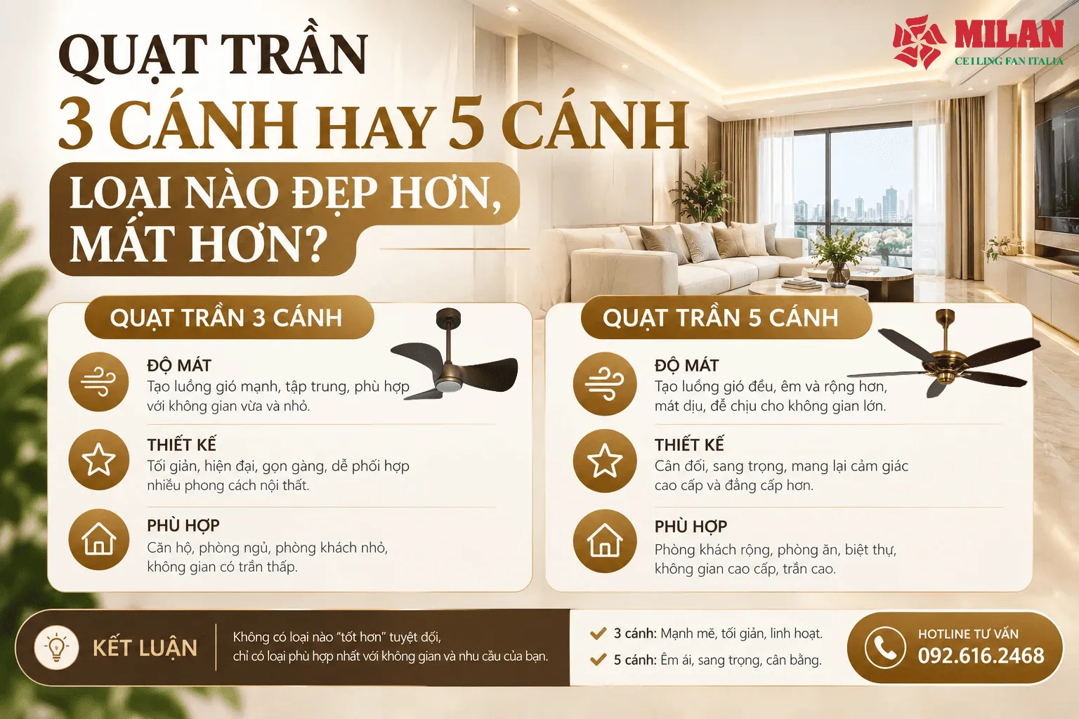 quạt trần 3 cánh hay 5 cánh